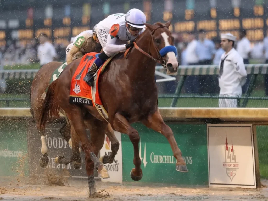 Justify wins the Kentucky Derby in 2:04.20, over 2 seconds over the 2024 Kentucky Derby prop time