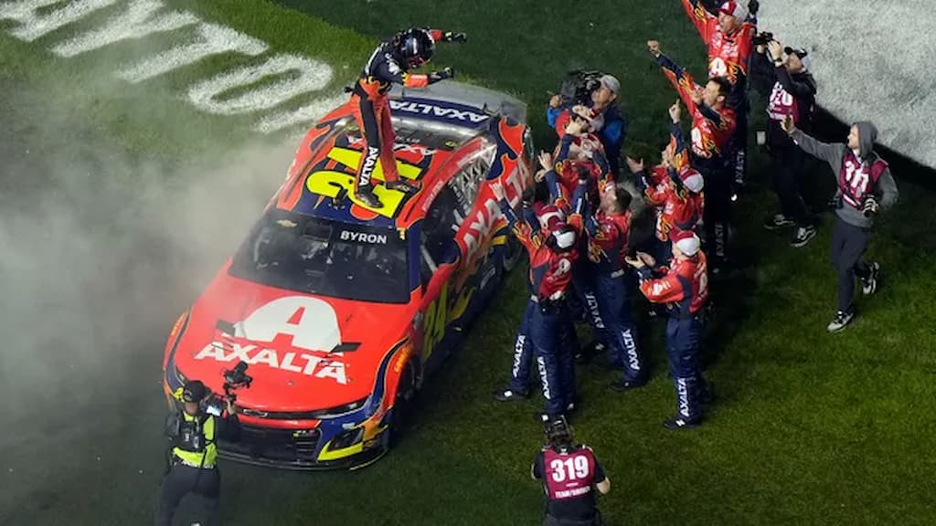 William Byron and the #24 team celebrate winning the 2025 Daytona 500, the opening race of the NASCAR Cup Series season