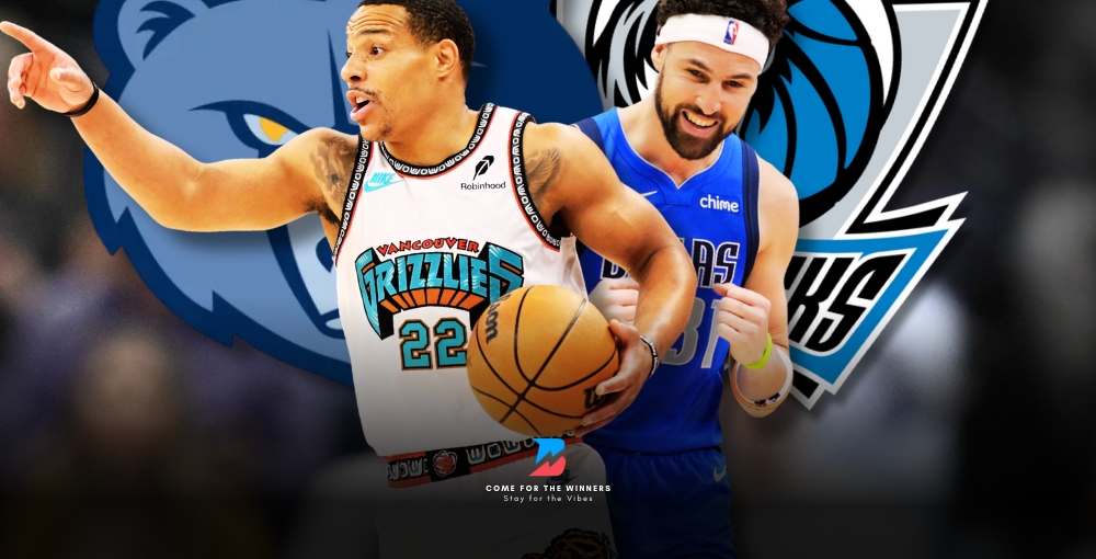 Desmond Bane and Klay Thompson with the Grizzlies and Mavericks Logo.