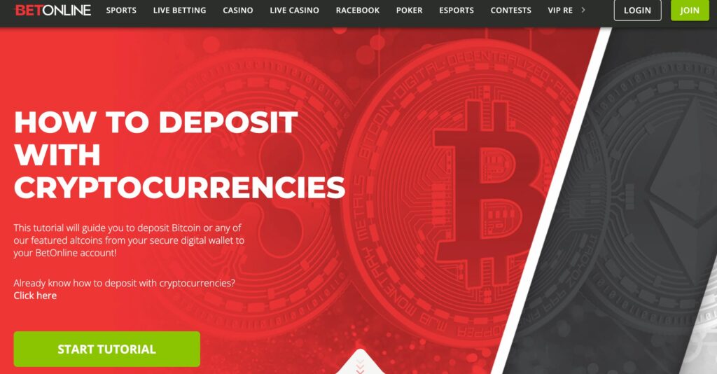 Screenshot from BetOnline Sportsbook showing its crypto options