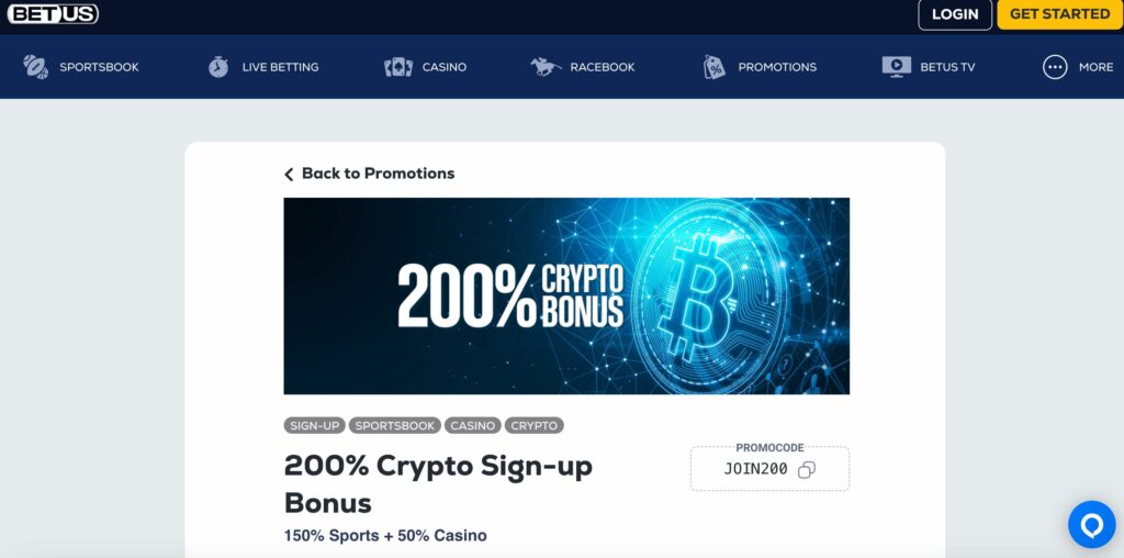 Screenshot of BetUS Sportsbook displaying its 200% Crypto Sign-up Bonus