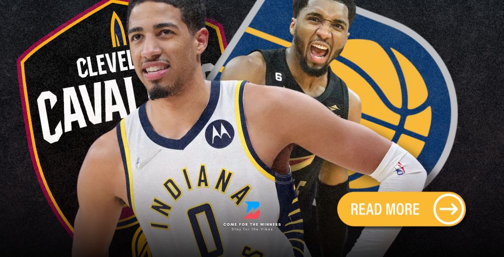 Tyrese Haliburton with Donovan Mitchell. The Pacers and Cavaliers logos are behind them.