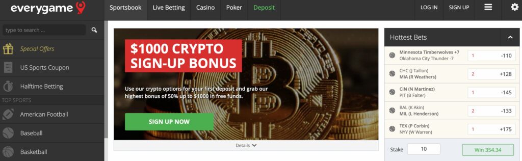 Screenshot of Everygame Sportsbook showing its special crypto sign-up bonus