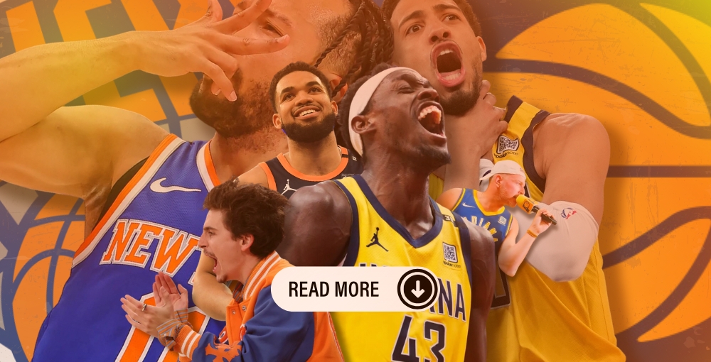 Knicks at Pacers Game Six. Pascal Siakam, Tyrese Haliburton, Pat McAfee and the Pacers logo. Jalen Brunson, Karl-Anthony Towns, Timothy Chalamet, and the Knicks logo.