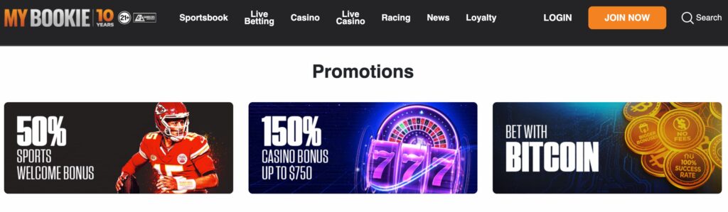 Screenshot of MyBookie Sportsbook advertising that you can bet with the cryptocurrency Bitcoin