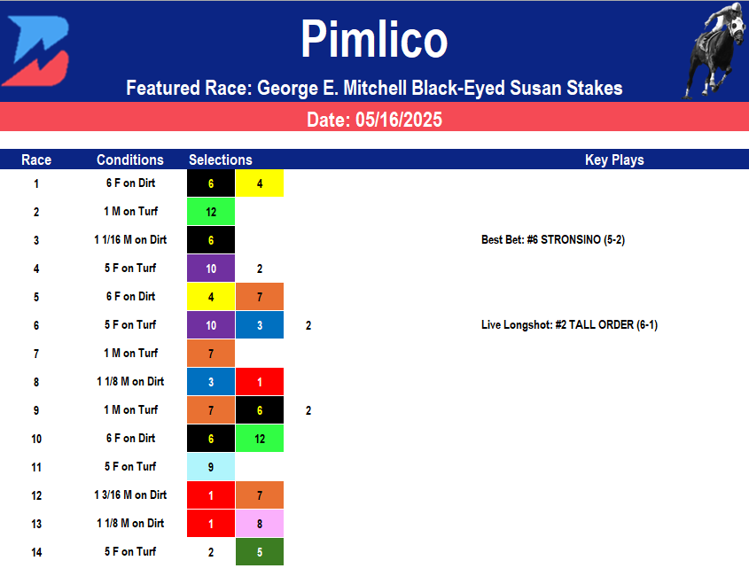 Pimlico Picks- Black-Eyed Susan Stakes (5/16/2025)