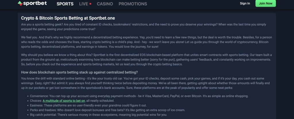 Screenshot of Sportbet.one Sportsbook showing how bettors can use cryptocurrency to wager