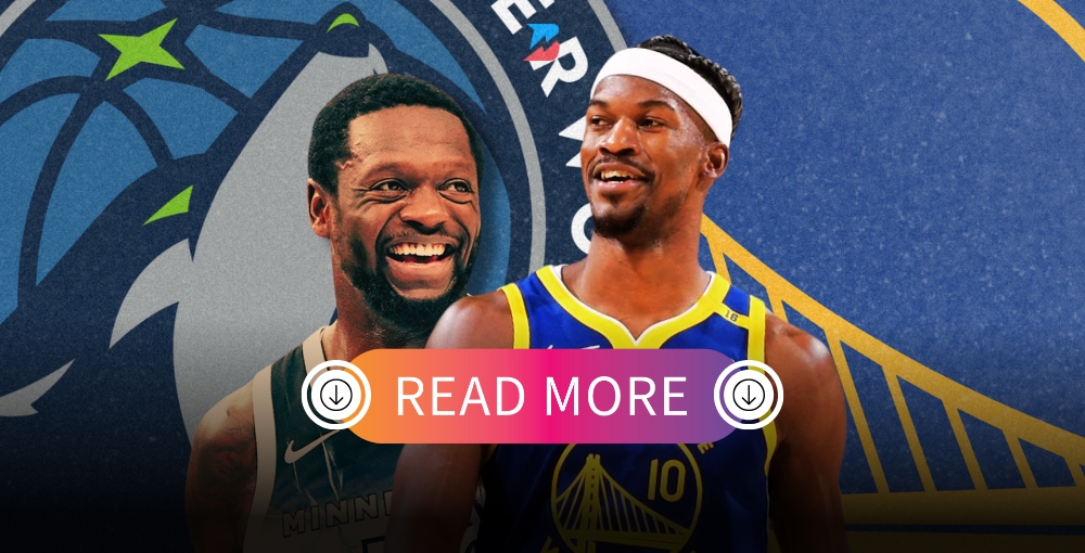 Julius Randle and Jimmy Butler with their logos.