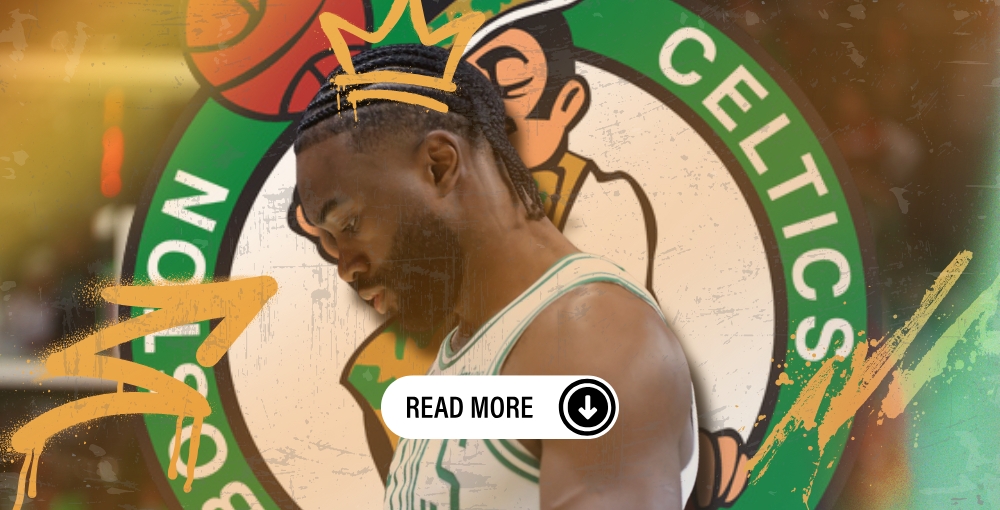 Jaylen Brown with Celtics Logo and spray paint art.