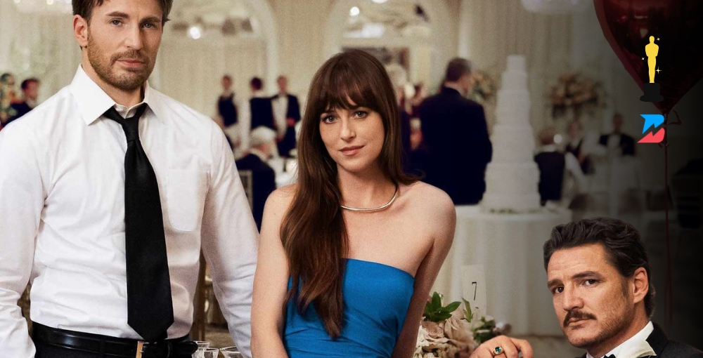 Chris Evans, Dakota Johnson, and Pedro Pascal in 2025's Materialists promotional image. BetOnline's Entertainment Market: The Oscars 2025 Best Picture Odds