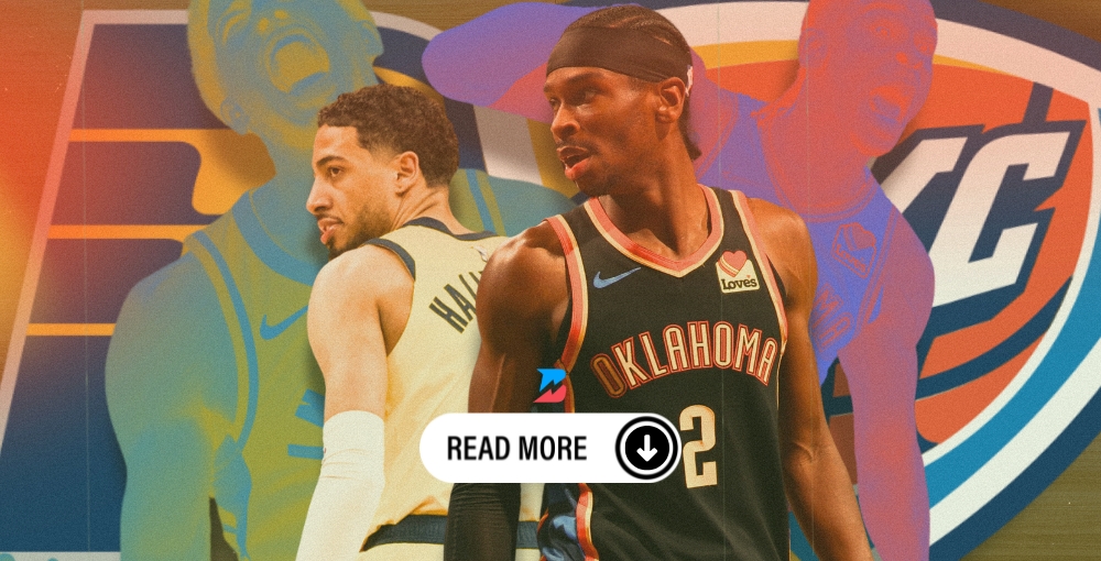 Tyrese Haliburton and Shai Gilgeous-Alexander with their respective Thunder and Pacer logos. Betting News 2025 NBA Finals preview.