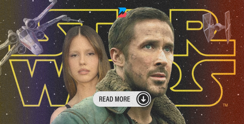 Ryan Gosling and Mia Goth with Star Wars logo, TIE fighter, and X-Wing. BetOnline's Star Wars Odds: What Will Happen in Starfighter?