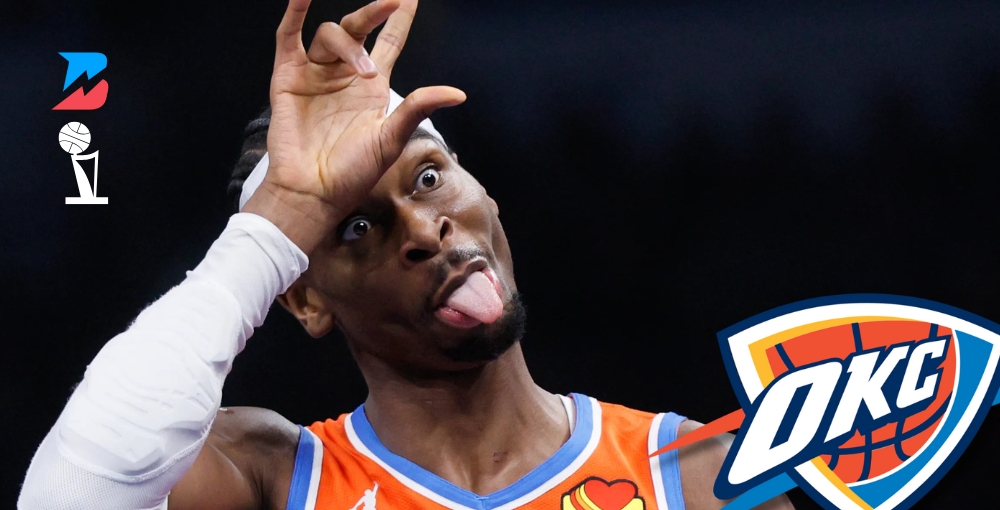 Shai Gilgeous-Alexander makes a silly face. NBA Finals 2025 Betting News preview.