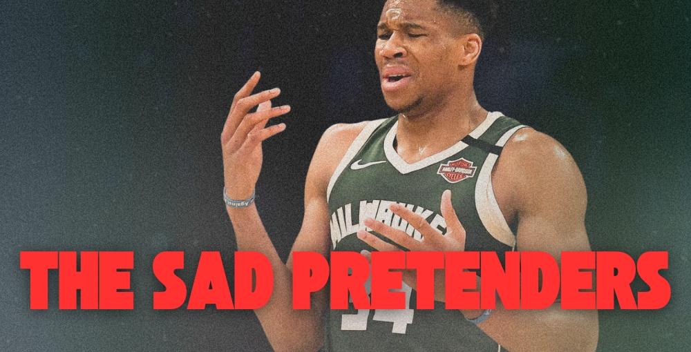 Giannis Antetokounmpo making a funny face during a game. The Sad Pretenders that can only hope to trade for him.