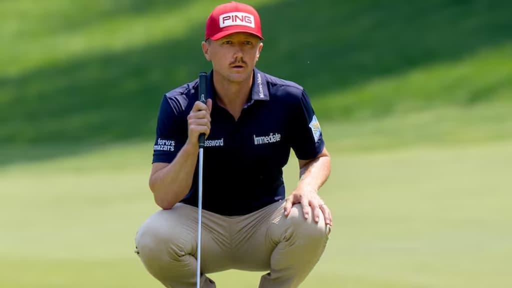 Mackenzie Hughes crouches during play at the RBC Canadian Open (2025 RBC Canadian Open Final Round Predictions & Picks cover)