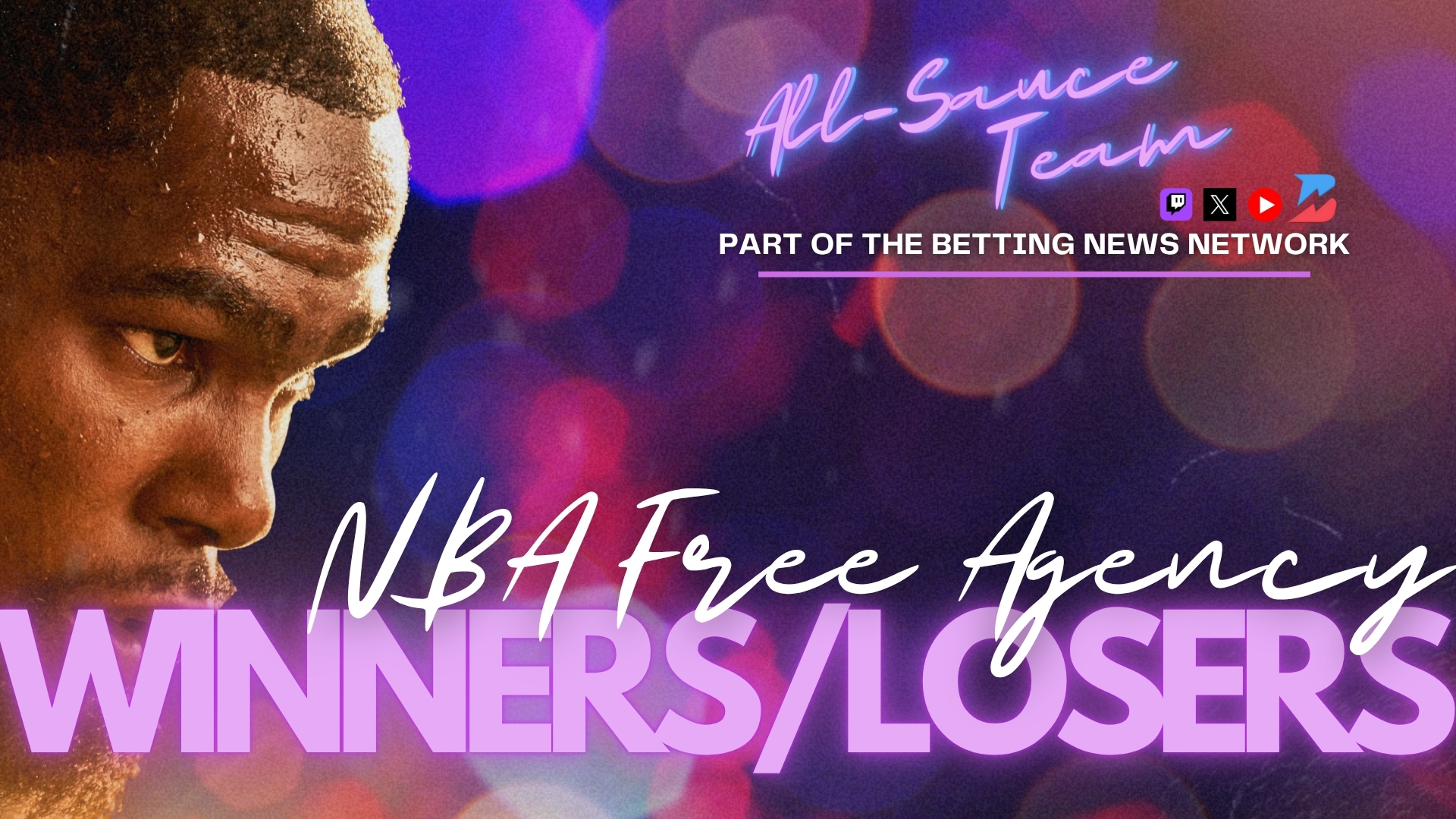 Kevin Durant stylized with the All-Sauce Team logo. NBA Free Agency Winners and Losers Betting News.