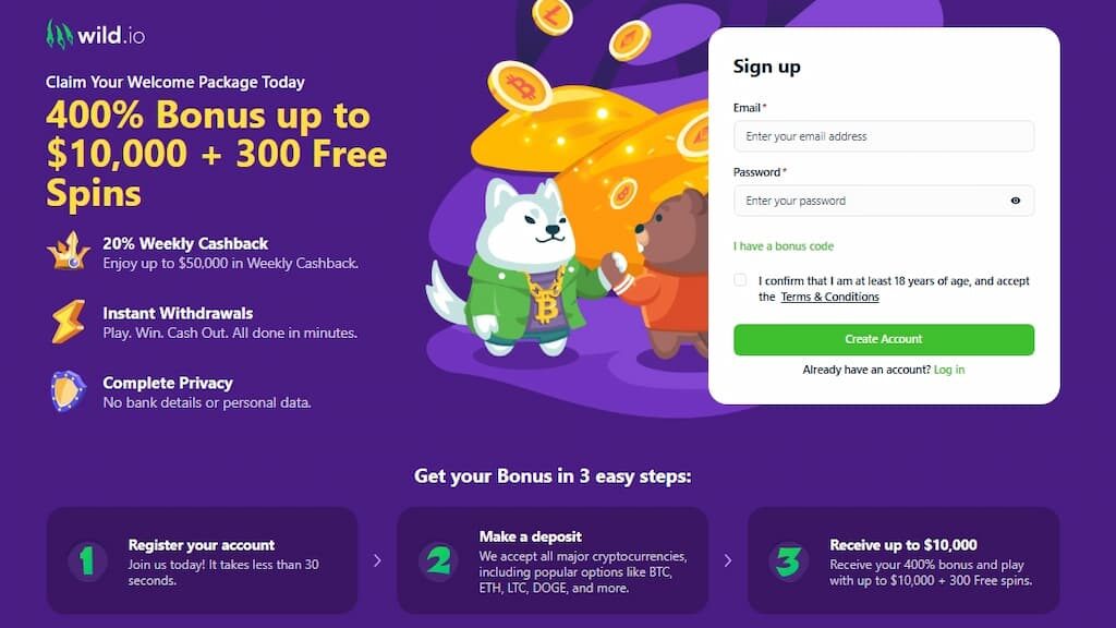 Wild.io welcome bonus page