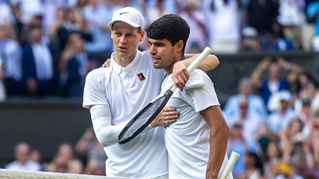 Jannik Sinner (left) and Carlos Alcaraz (right), the two most recent Wimbledon men's singles champions - Wimbledon History & How to Bet on the Tournament cover
