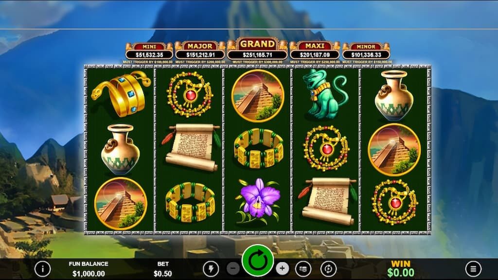 A gameplay screen of Spirit of the Inca, an RTG progressive jackpot slot