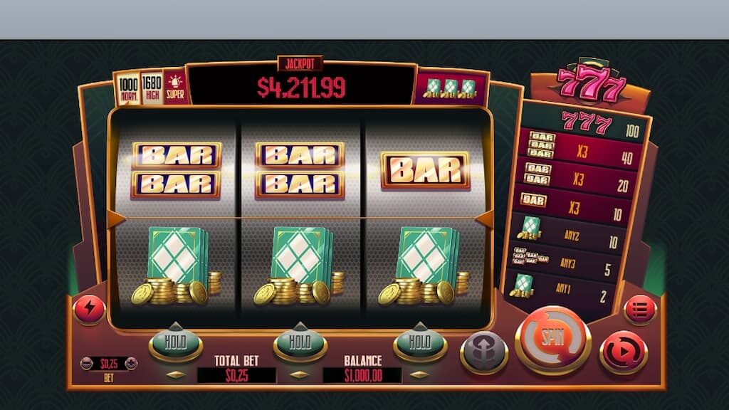 An example of a 3-reel slot, which is one of the many types of real money online slots - 777, developed by RealTime Gaming