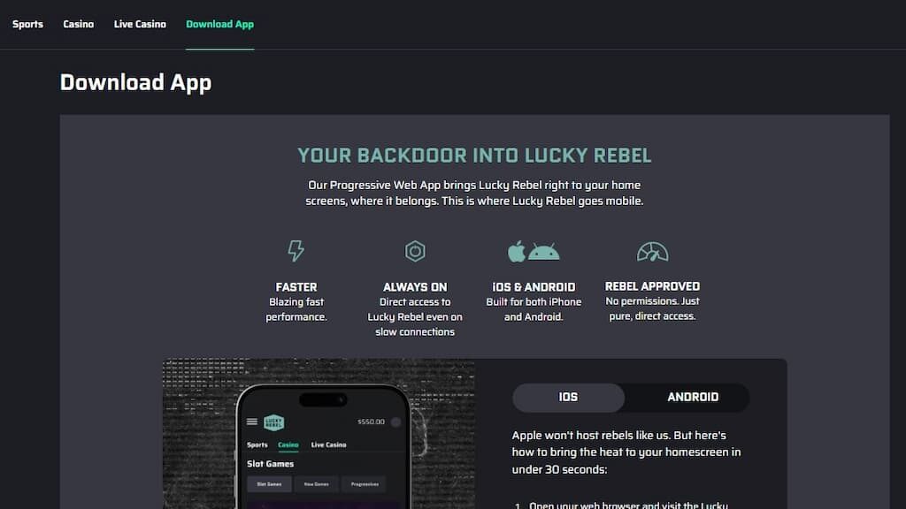 Lucky Rebel Sportsbook mobile app page