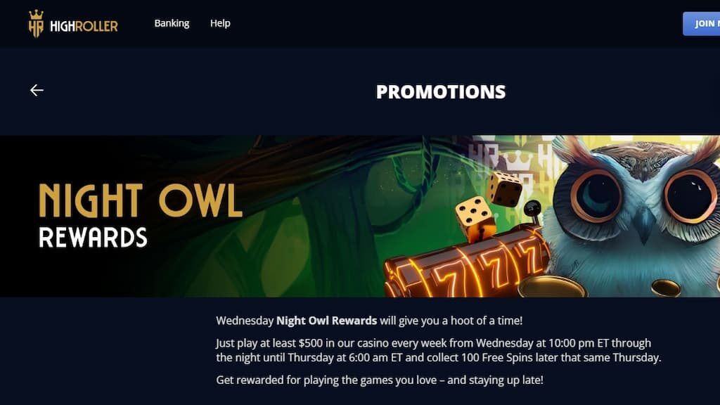 HighRoller Casino Night Owl Rewards promo page