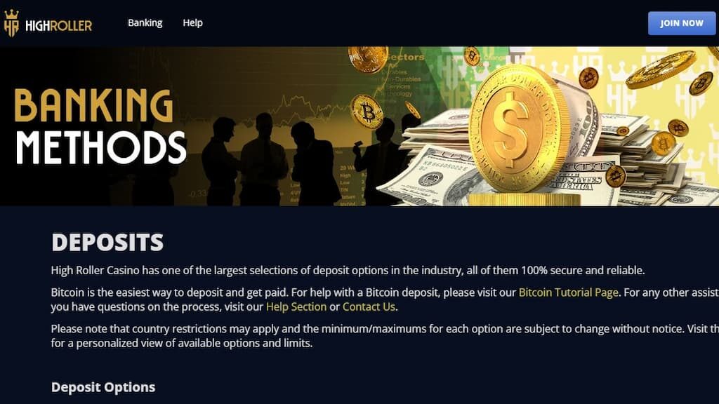 HighRoller Casino banking options page