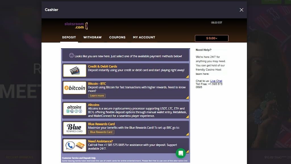 The banking screen for players to make deposits and request withdrawals at SlotsRoom Casino