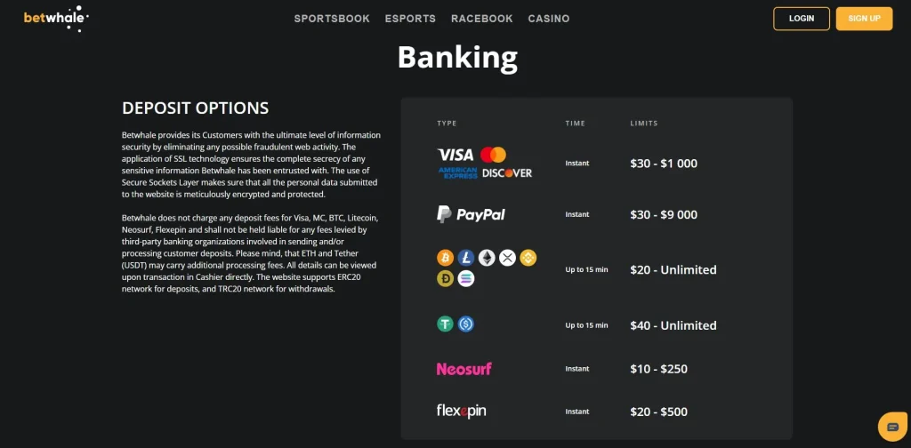 BetWhale Sportsbook Deposit Options