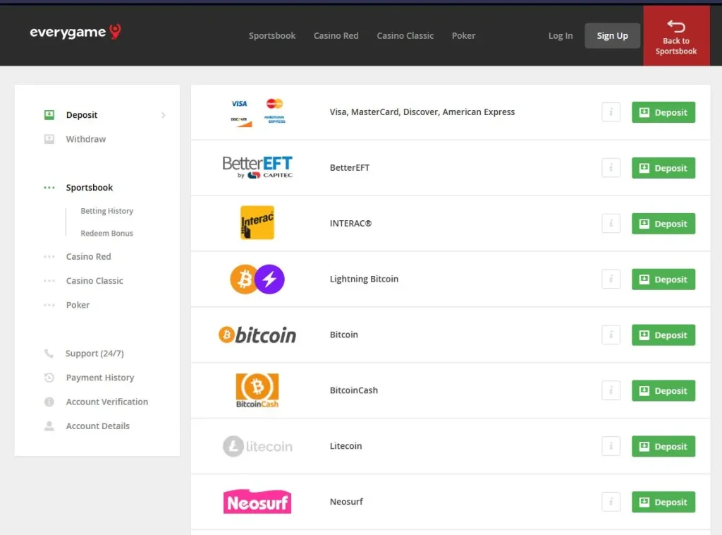 Everygame Sportsbook Banking Options