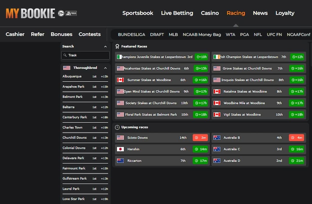 MyBookie Racebook races page