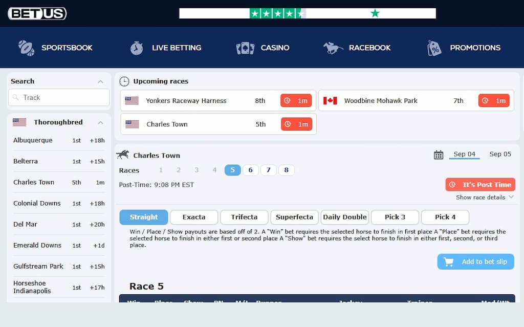 An example of a betting page at BetUS Racebook