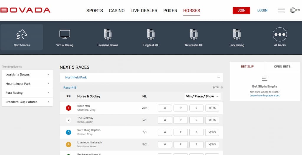 Bovada Racebook betting page
