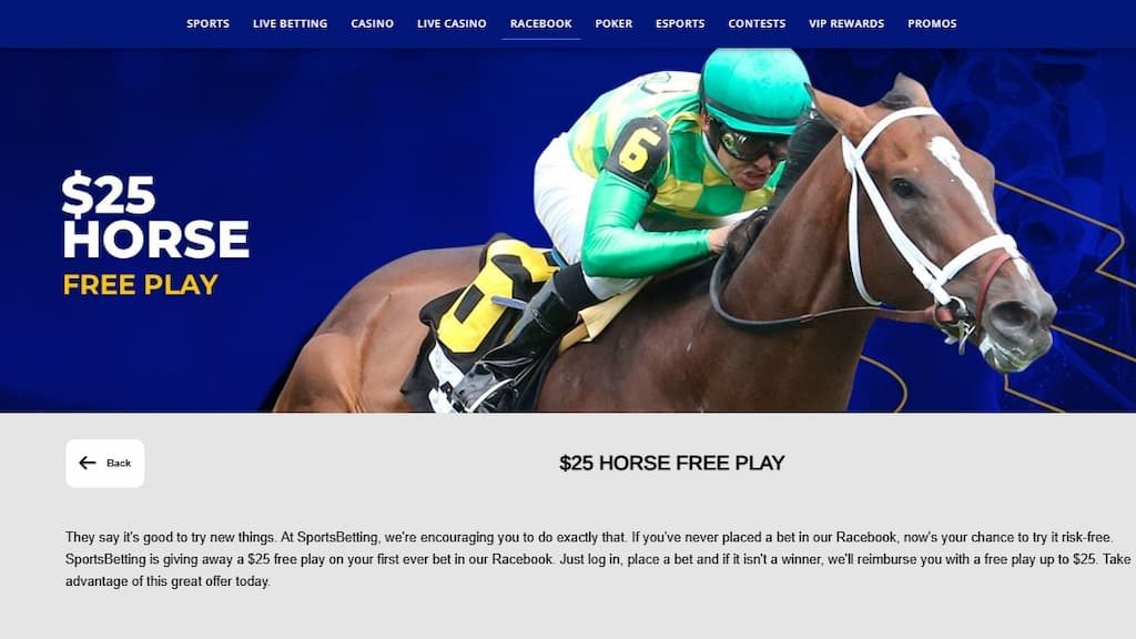 SportsBetting.ag Racebook $25 Horse Free Play promotion page