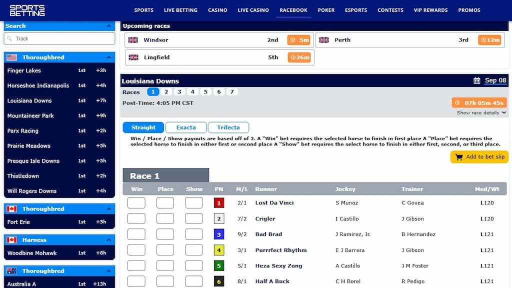 SportsBetting.ag Racebook betting page