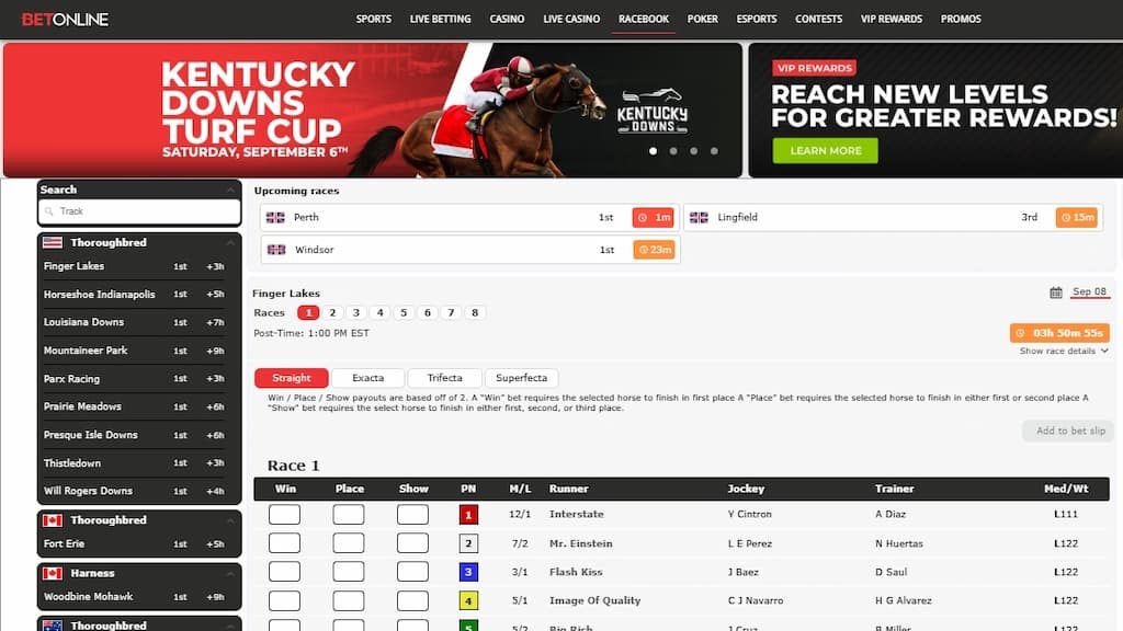 BetOnline Racebook betting page