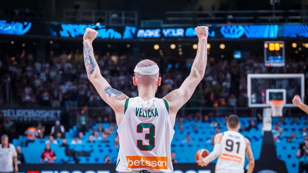 Lithuania point guard Arnas Velicka celebrates during Eurobasket 2025