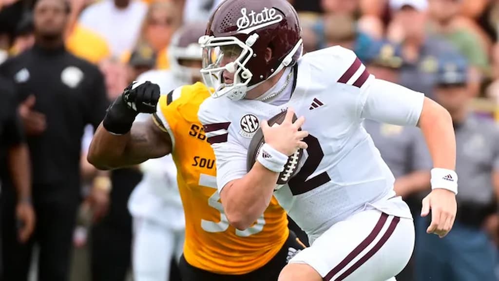 Mississippi State quarterback Blake Shapen runs with the ball against Southern Miss - Arizona State vs. Mississippi State Football Prediction & Best Bets (9/6/2025)