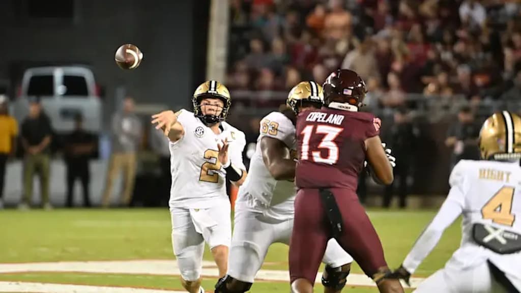 Vanderbilt quarterback Diego Pavia (#2) throws a pass