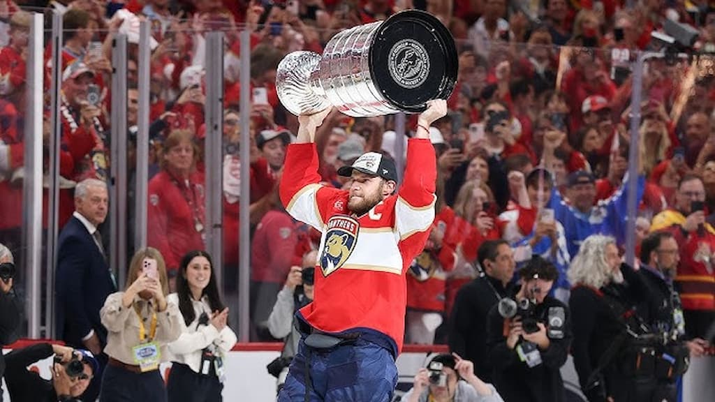 The hallowed Stanley Cup is hoisted aloft by Aleksander Barkov, the captain of the Florida Panthers in 2025 - Stanley Cup Betting Guide: Bet Types, Odds, Picks & More