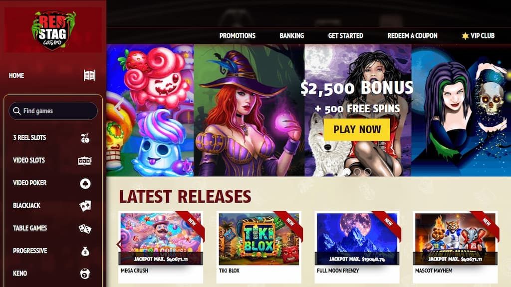 Red Stag Casino home page with welcome bonus shown