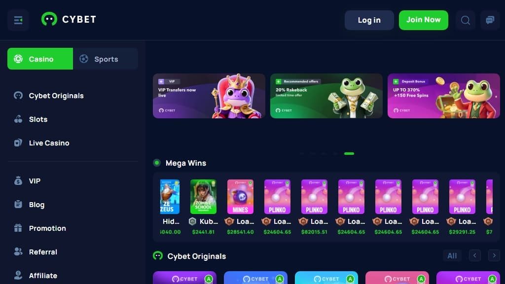 A screenshot of Cybet Casino homepage