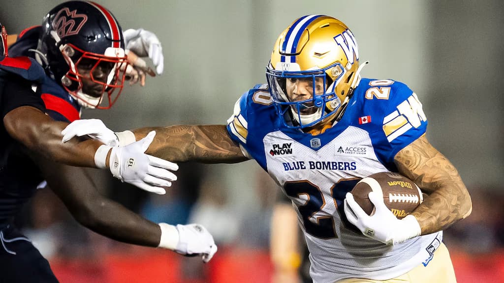 Winnipeg Blue Bombers running back Brady Oliveira (#20) - Winnipeg Blue Bombers vs. Edmonton Elks CFL Week 19 Prediction & Picks (10/11)