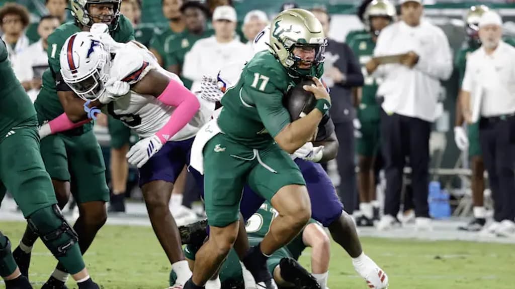 South Florida quarterback Byrum Brown (#17) - #18 South Florida vs. Memphis Prediction & Picks (10/25/2025)