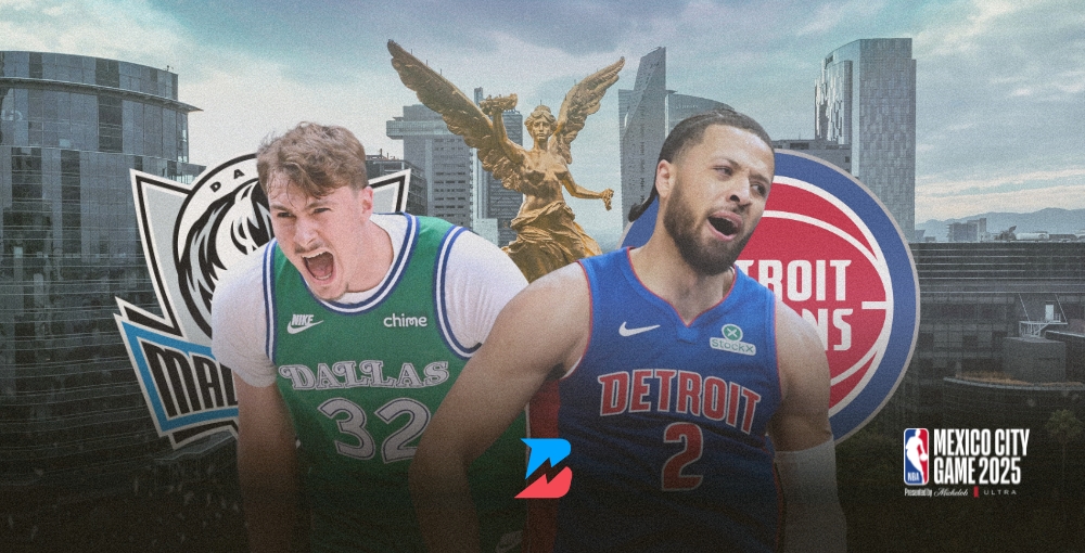 Cooper Flagg and Cade Cunningham emoting. Mavericks @ Pistons Mexico City 2025.