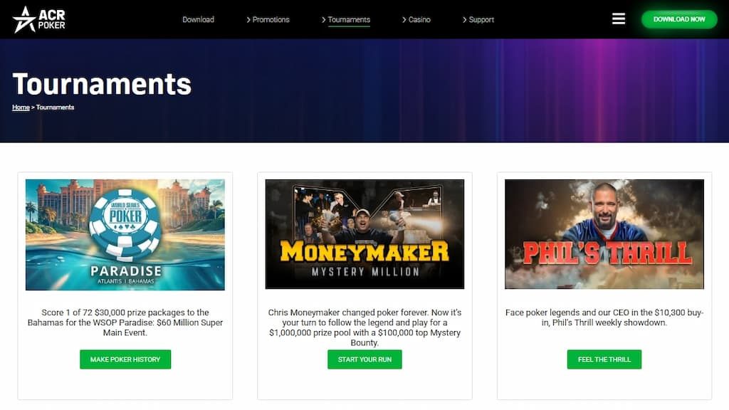 Tournaments page at ACR Poker