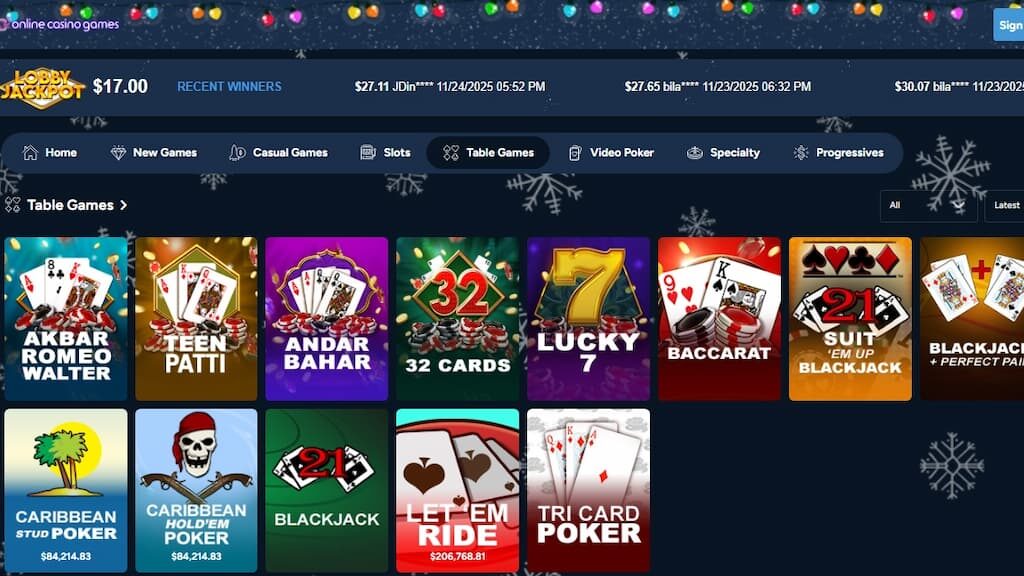 Table games at OnlineCasinoGames, including multiple blackjack games
