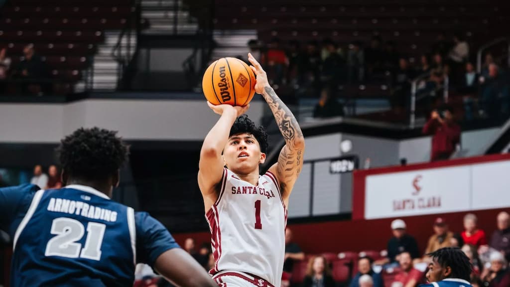 Santa Clara basketball player Christian Hammond (#1, going up for a shot) - Saint Louis vs. Santa Clara Prediction & Picks (11/27/2025) - Acrisure Invitational Semifinals
