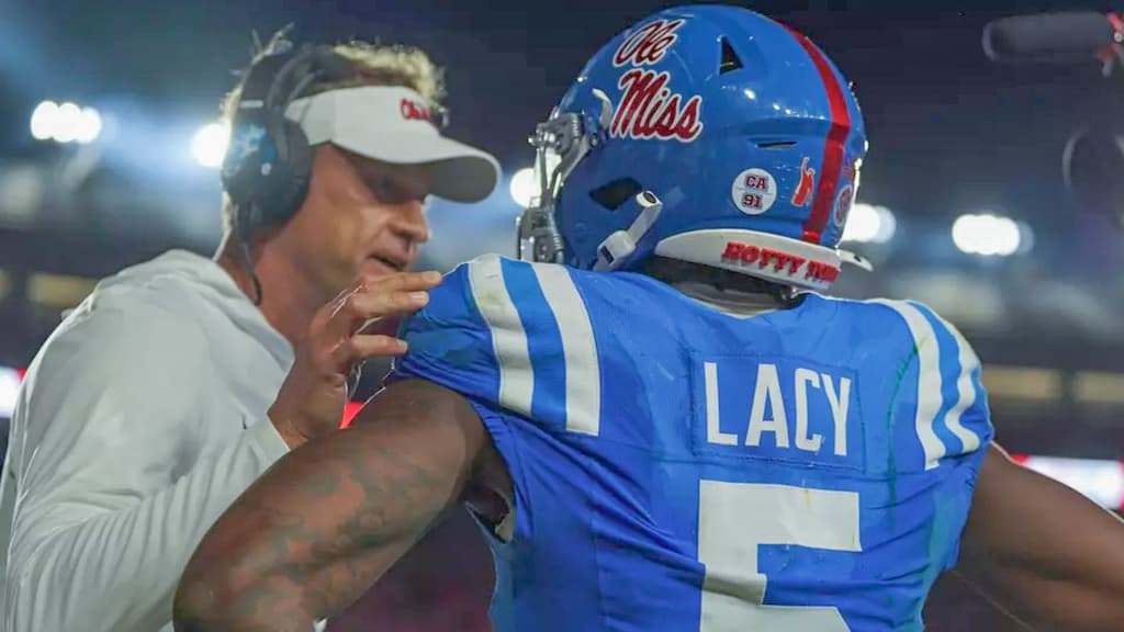 Ole Miss football head coach Lane Kiffin (left) & Rebels running back Kewan Lacy (right) - #7 Ole Miss vs. Mississippi State Prediction & Best Bets (11/28/2025) - 2025 Egg Bowl
