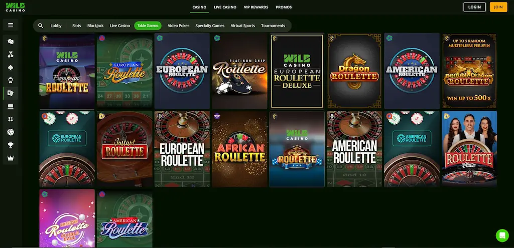 Wild Casino Table Games Dec 2025